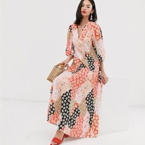 ASOS Floral Long Sleeve Maxi Dress in Red, Black, and Pink